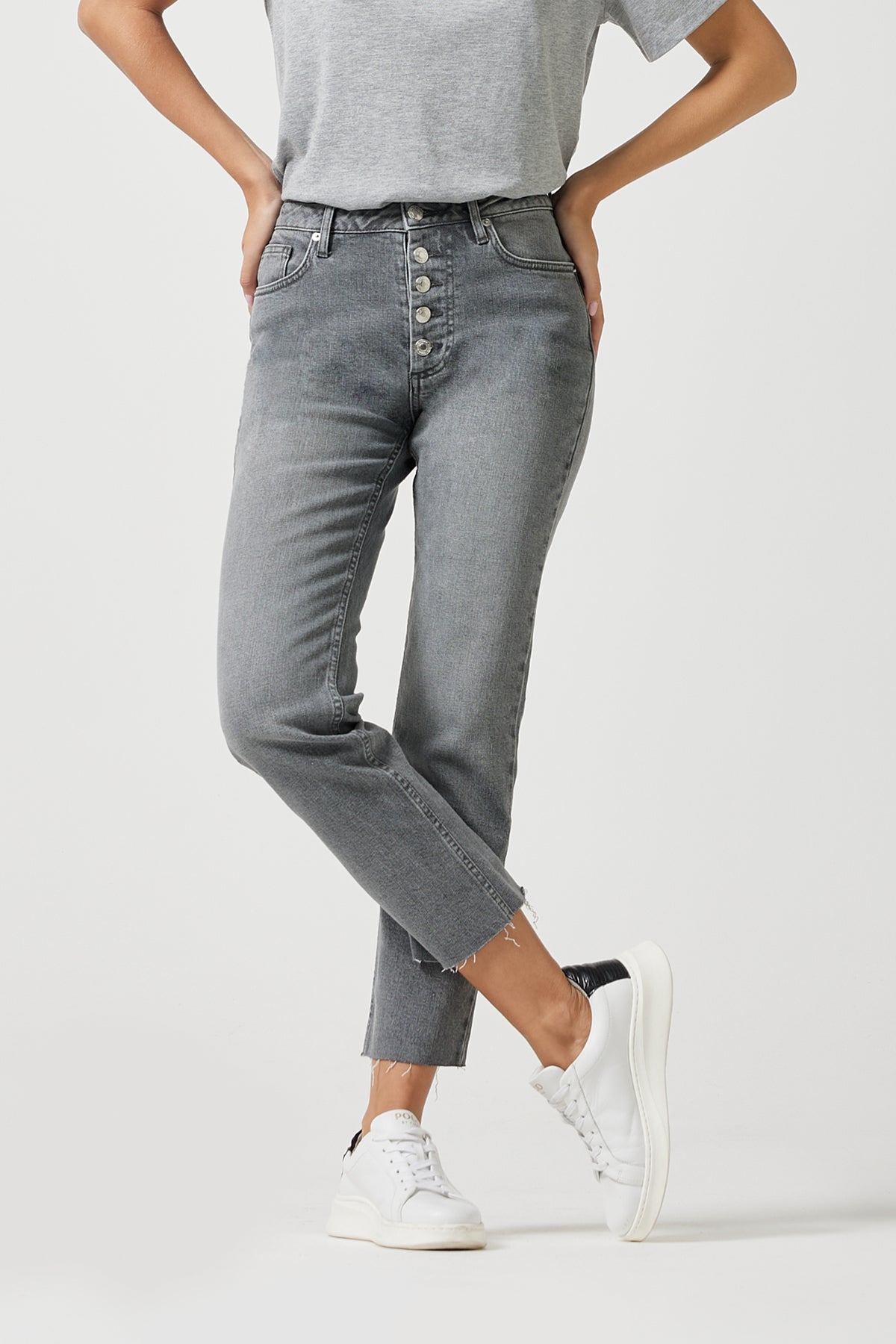 The Straight Leg - Button Crop Grey