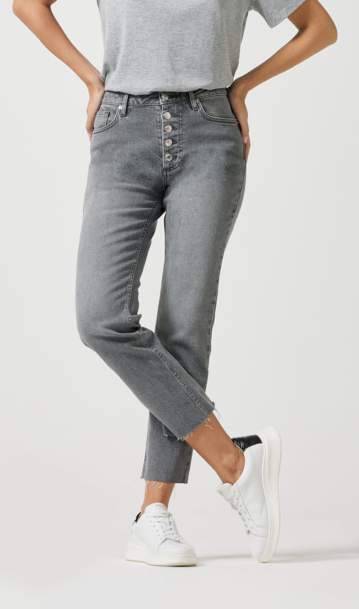 The Straight Leg - Button Crop Grey